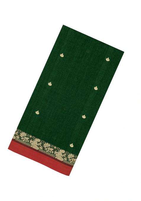 Dark Green Handloom Bengal Cotton Saree With Dia Buttas With Buttas And Brocade Design For Women