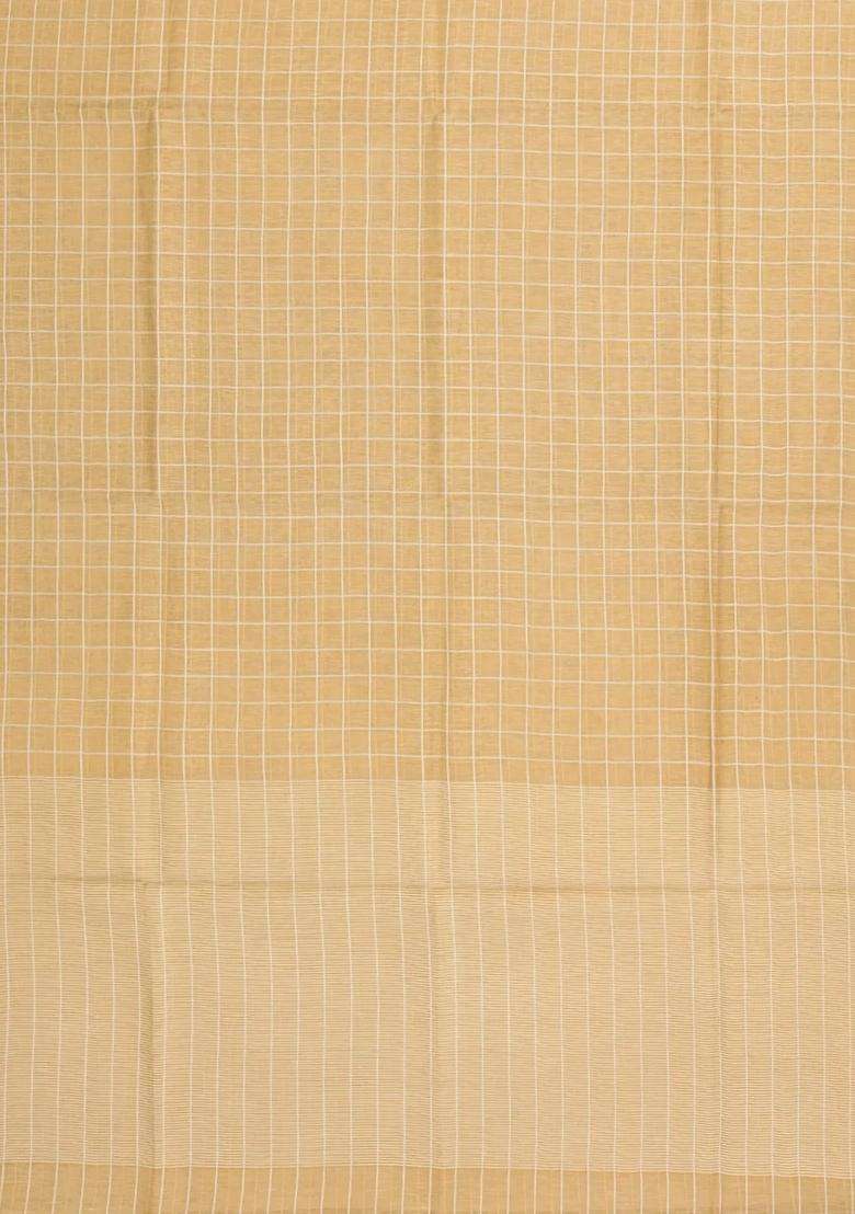 Sandal Woven Linen Saree With Checks Contrast Selvage With Checks And Stripes Design For Women - Indya