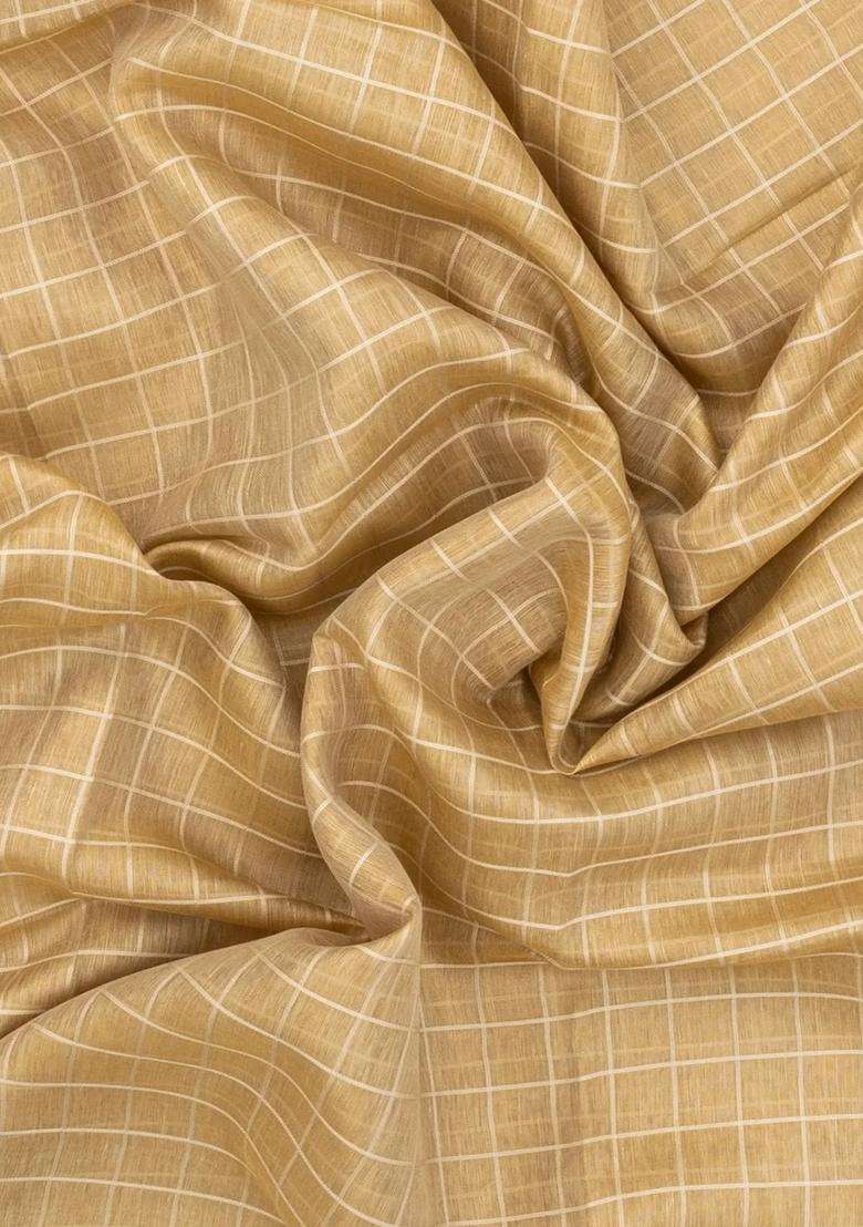 Sandal Woven Linen Saree With Checks Contrast Selvage With Checks And Stripes Design For Women - Indya
