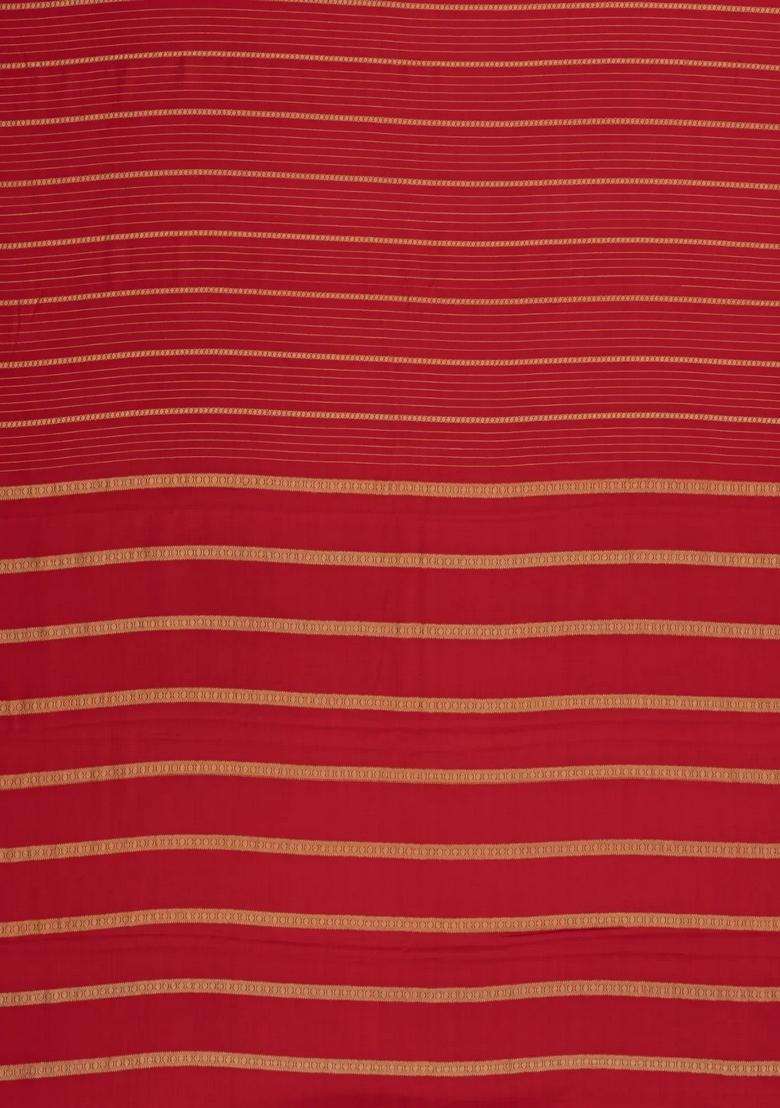 Red Woven Mysore Silk Crepe Saree With Pure Zari Stripes With Checks And Stripes Design For Women - Indya