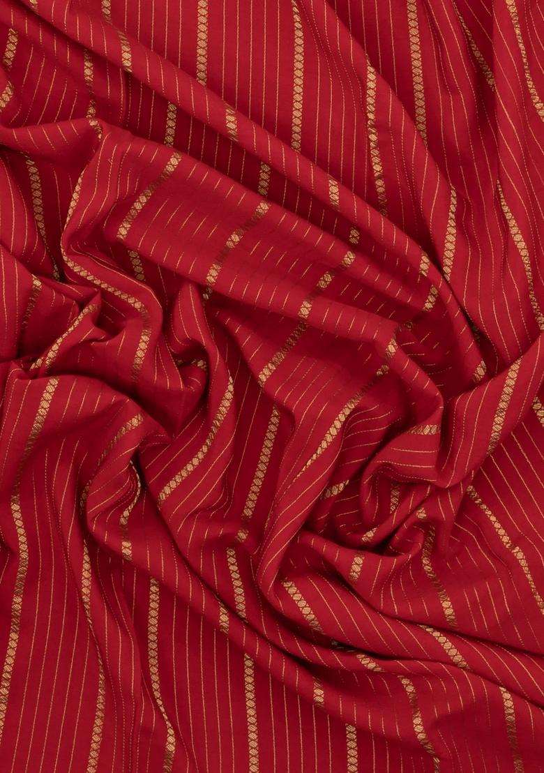 Red Woven Mysore Silk Crepe Saree With Pure Zari Stripes With Checks And Stripes Design For Women - Indya