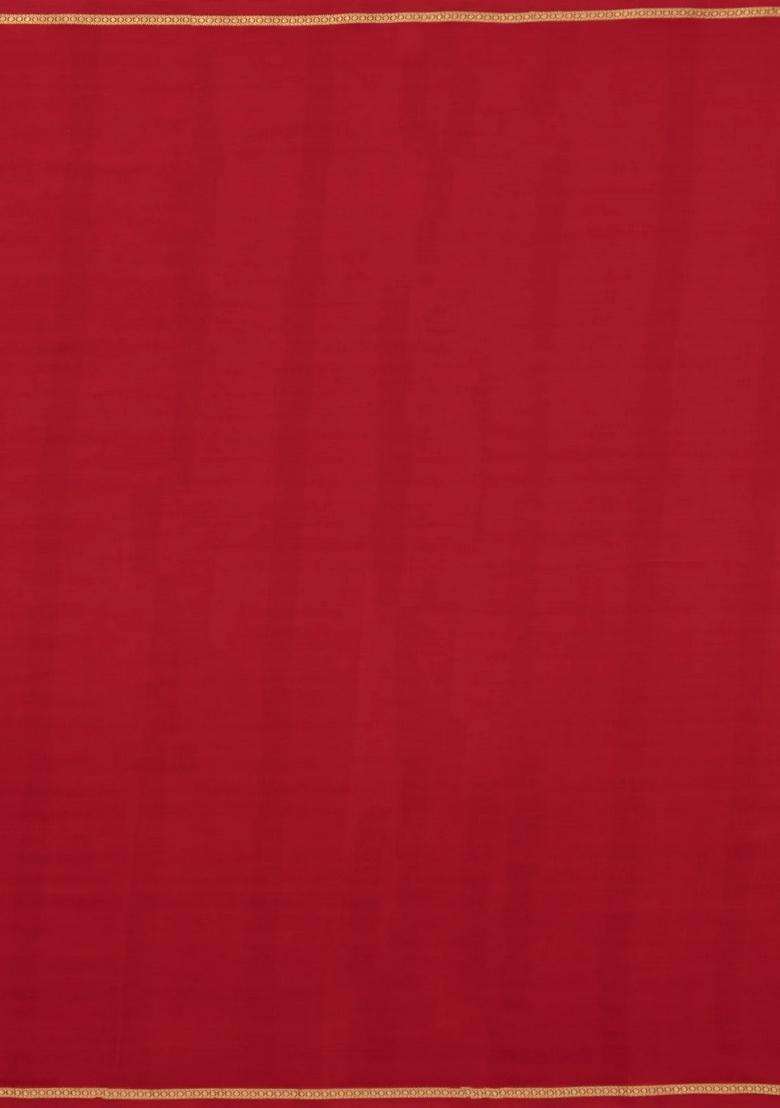 Red Woven Mysore Silk Crepe Saree With Pure Zari Stripes With Checks And Stripes Design For Women - Indya