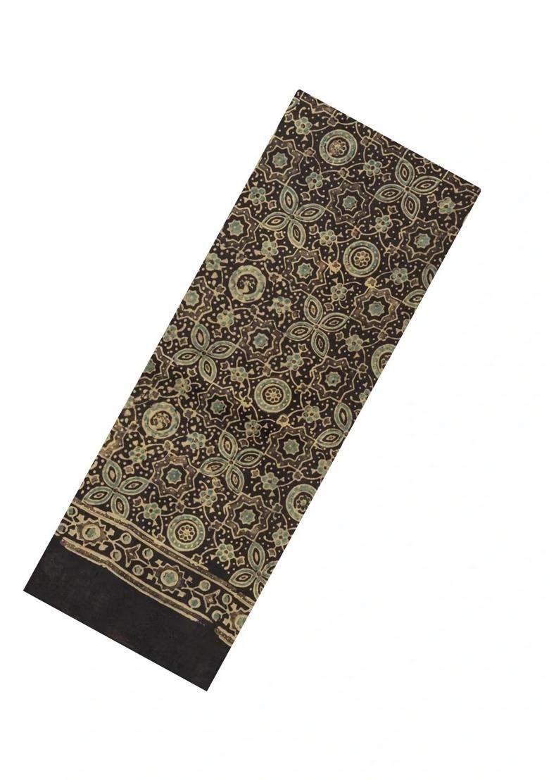 Black Woven Pure Silk Saree With Ajrakh Print With Printed Design For Women - Indya