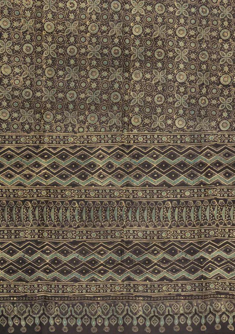 Black Woven Pure Silk Saree With Ajrakh Print With Printed Design For Women - Indya