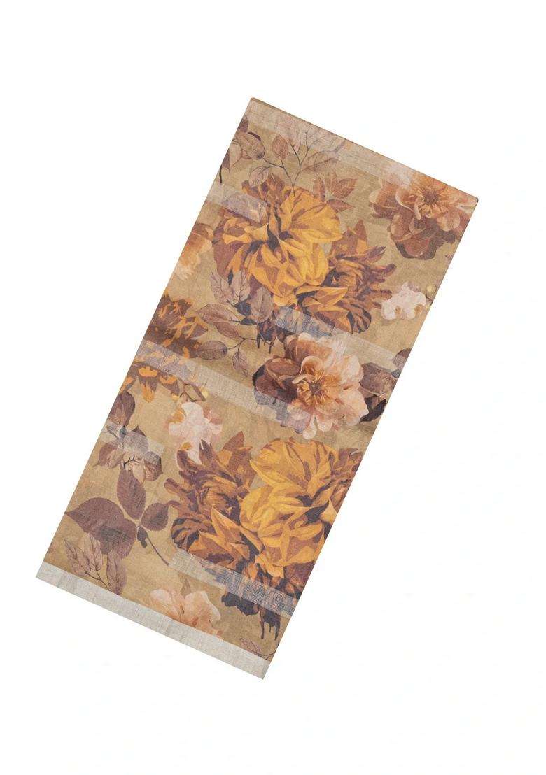 Beige Handloom Tussar Silk Saree With Printed Floral Motifs For Women - Indya