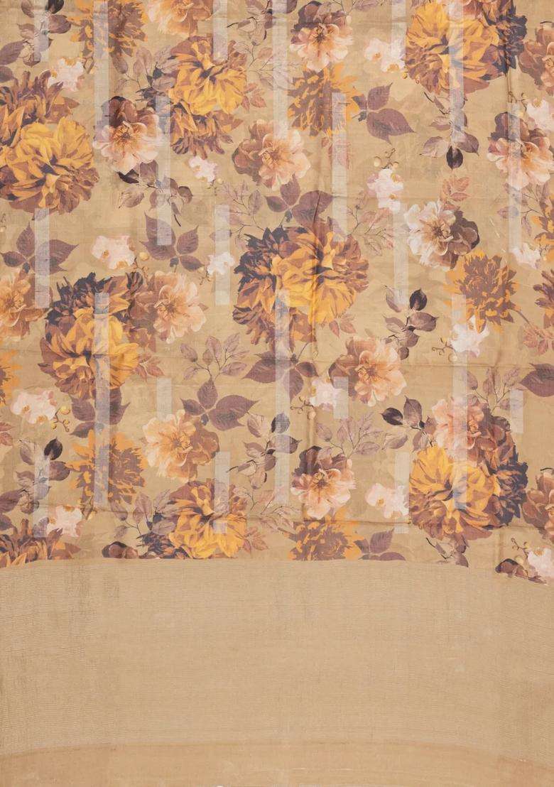 Beige Handloom Tussar Silk Saree With Printed Floral Motifs For Women - Indya
