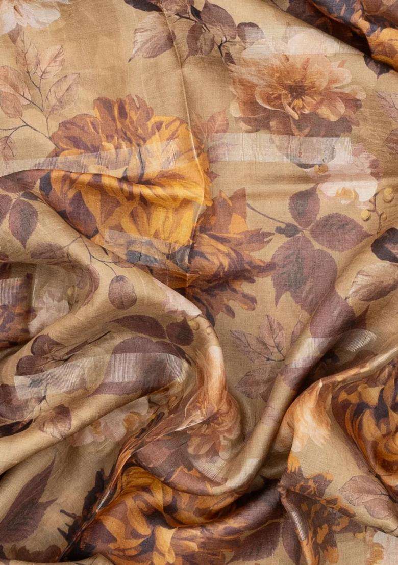Beige Handloom Tussar Silk Saree With Printed Floral Motifs For Women - Indya