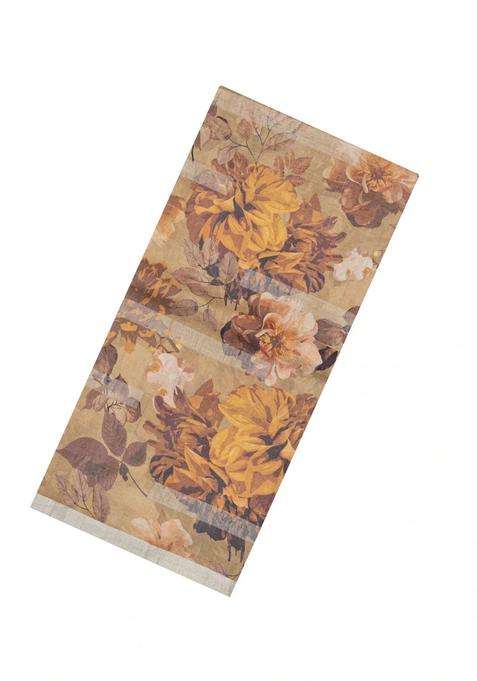 Beige Handloom Tussar Silk Saree With Printed Floral Motifs For Women