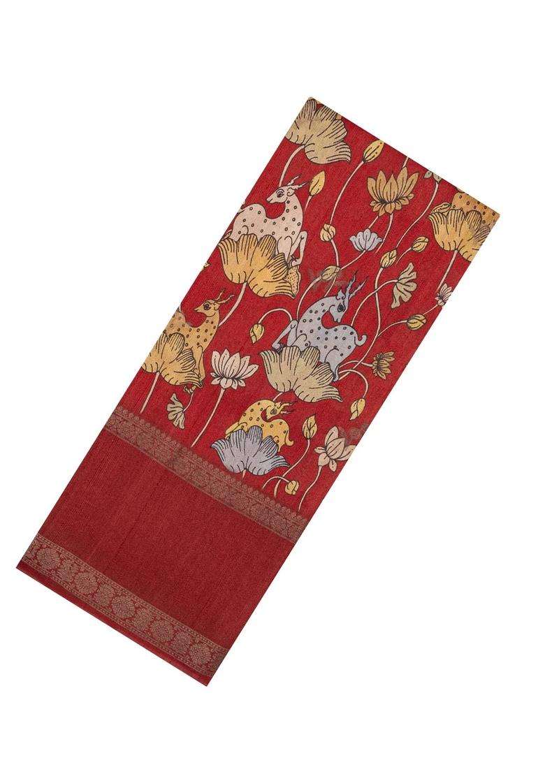 Red Handloom Tussar Silk Saree With Printed Deer Motifs For Women - Indya