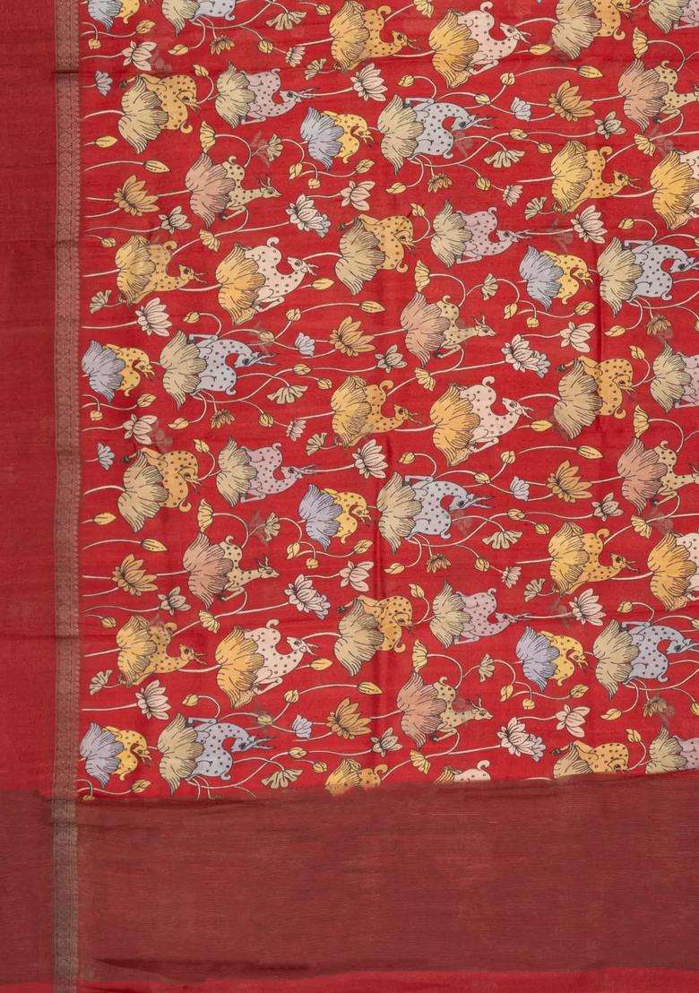 Red Handloom Tussar Silk Saree With Printed Deer Motifs For Women - Indya