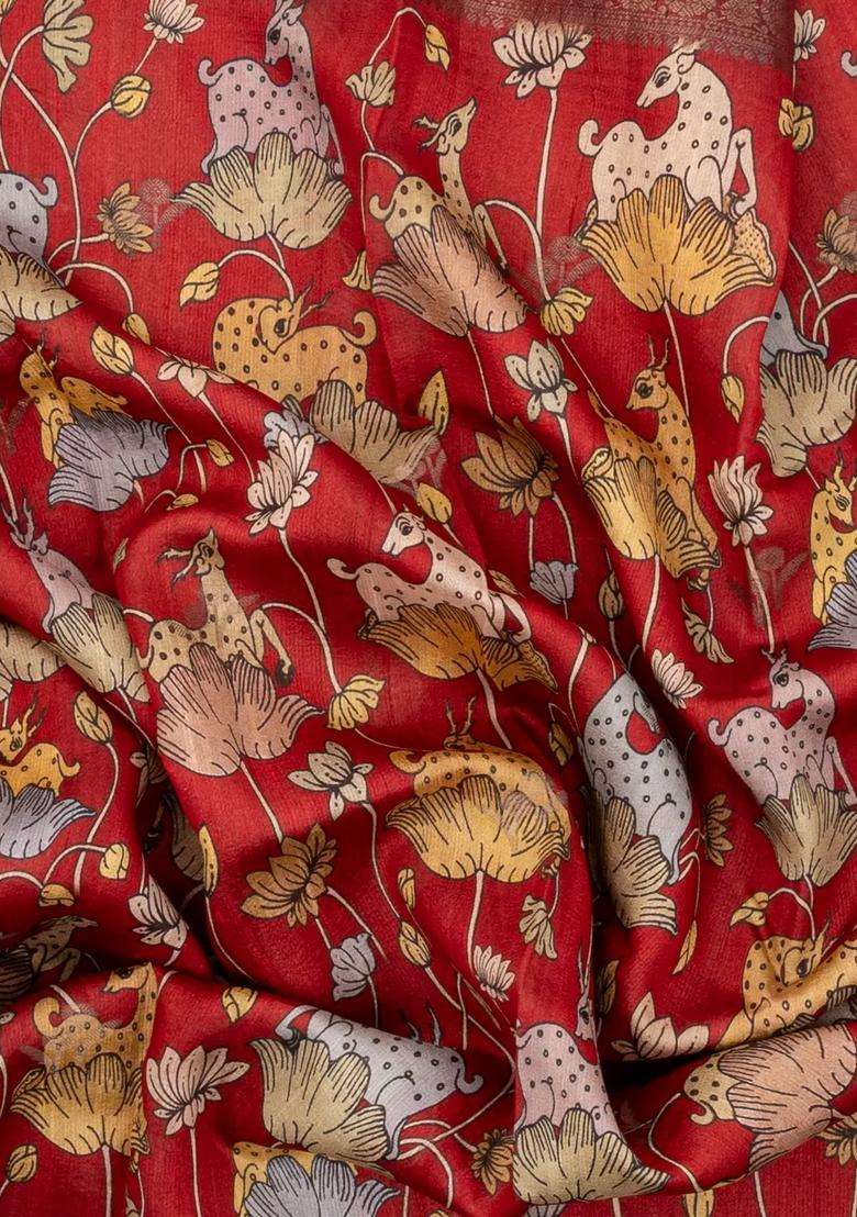 Red Handloom Tussar Silk Saree With Printed Deer Motifs For Women - Indya