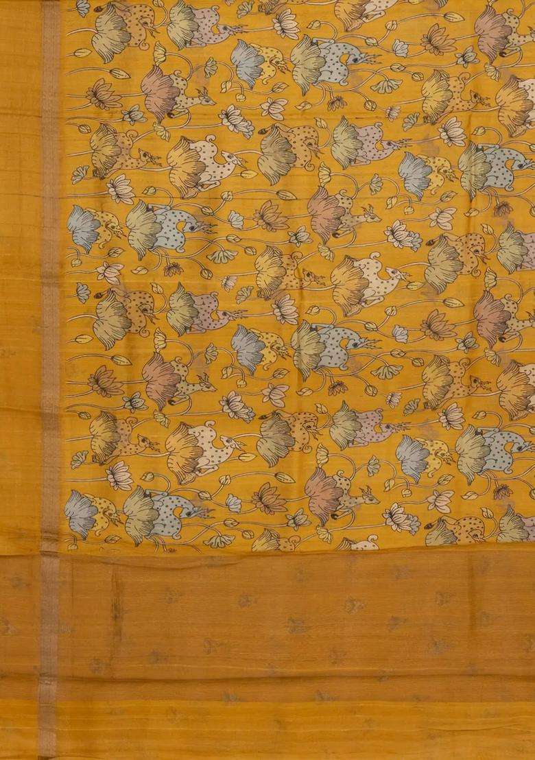 Mustard Handloom Tussar Silk Saree With Printed Deer Motifs For Women - Indya