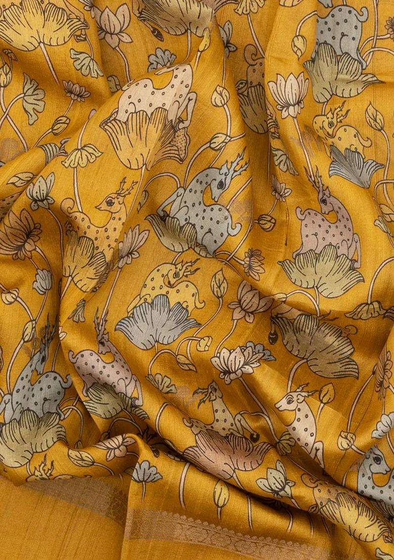 Mustard Handloom Tussar Silk Saree With Printed Deer Motifs For Women - Indya