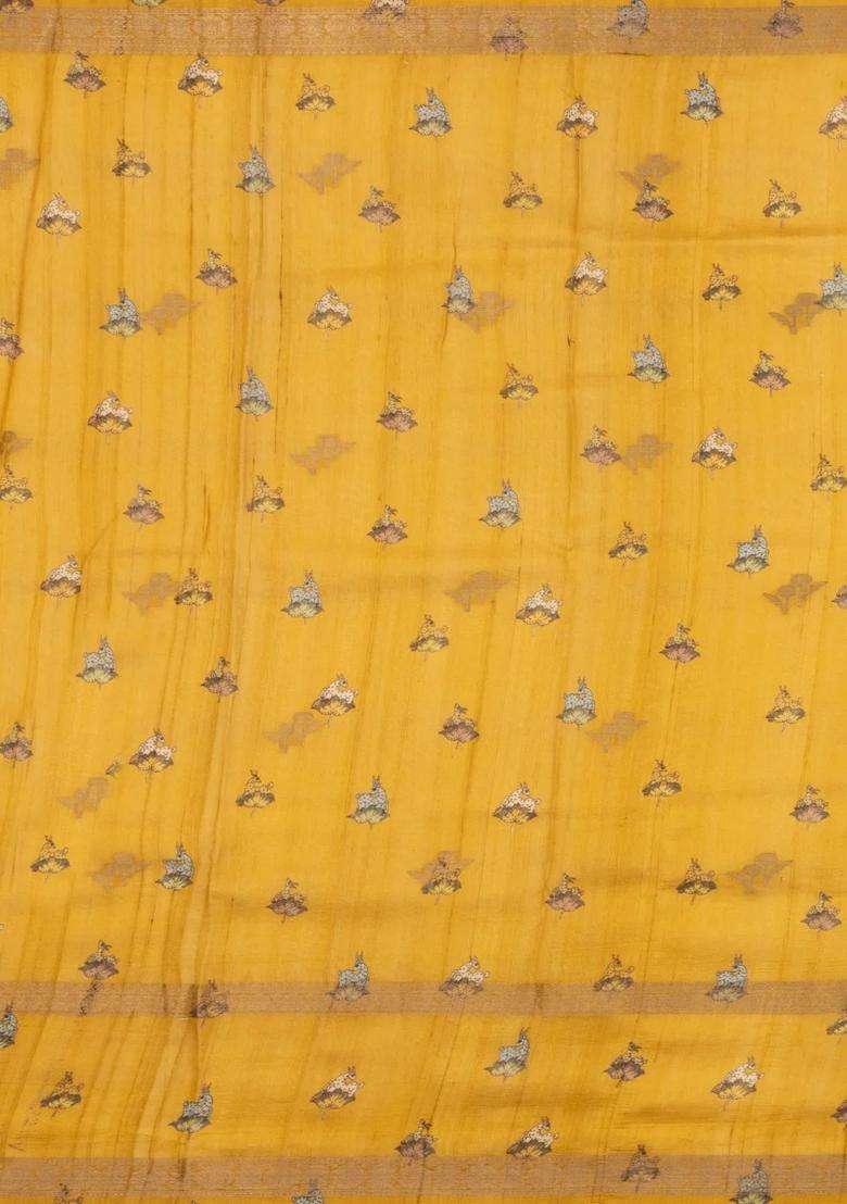 Mustard Handloom Tussar Silk Saree With Printed Deer Motifs For Women - Indya
