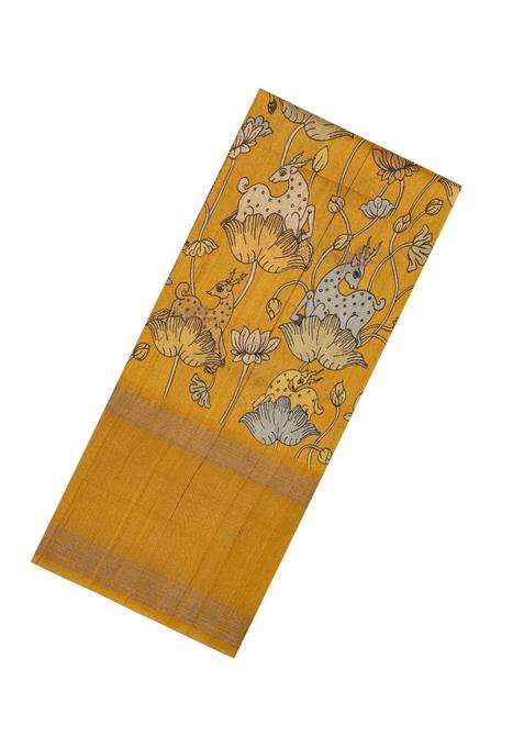 Mustard Handloom Tussar Silk Saree With Printed Deer Motifs For Women