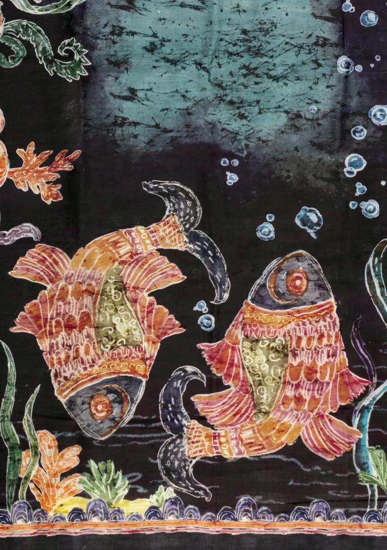 Black Woven Tussar Silk Saree With Printed Fish Motifs For Women - Indya