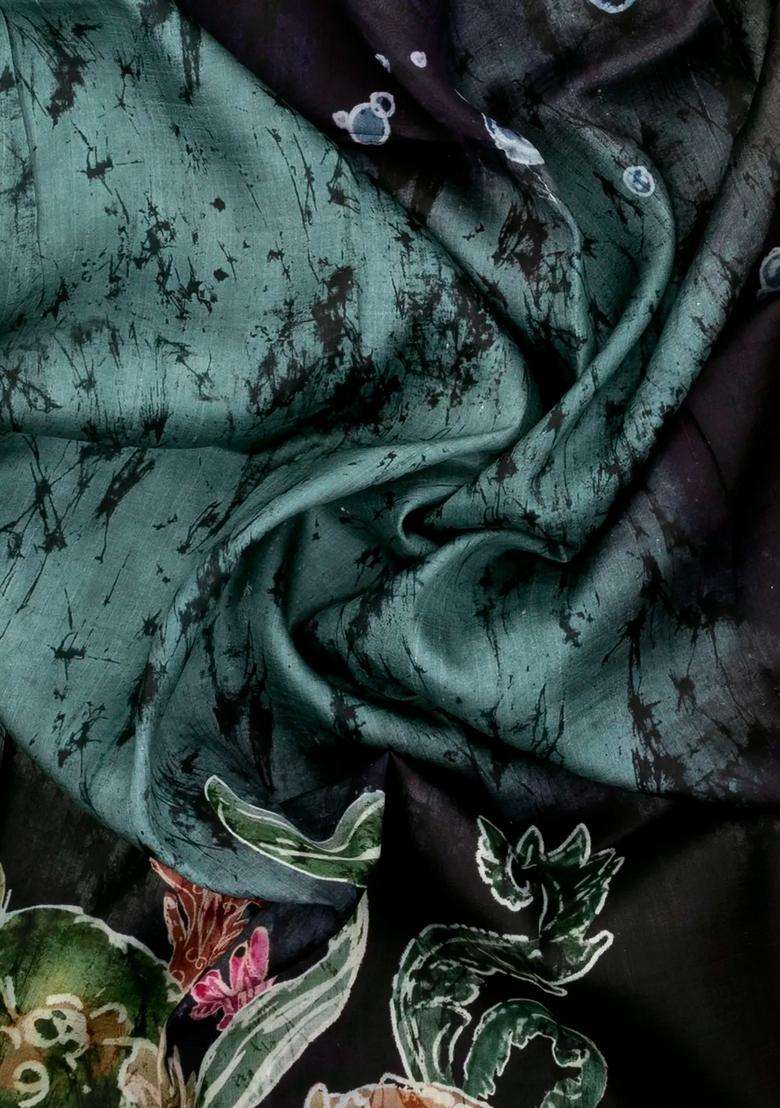 Black Woven Tussar Silk Saree With Printed Fish Motifs For Women - Indya