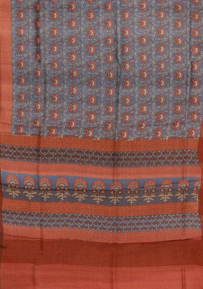 Grey Woven Tussar Silk Saree With Printed Floral Motifs For Women - Indya