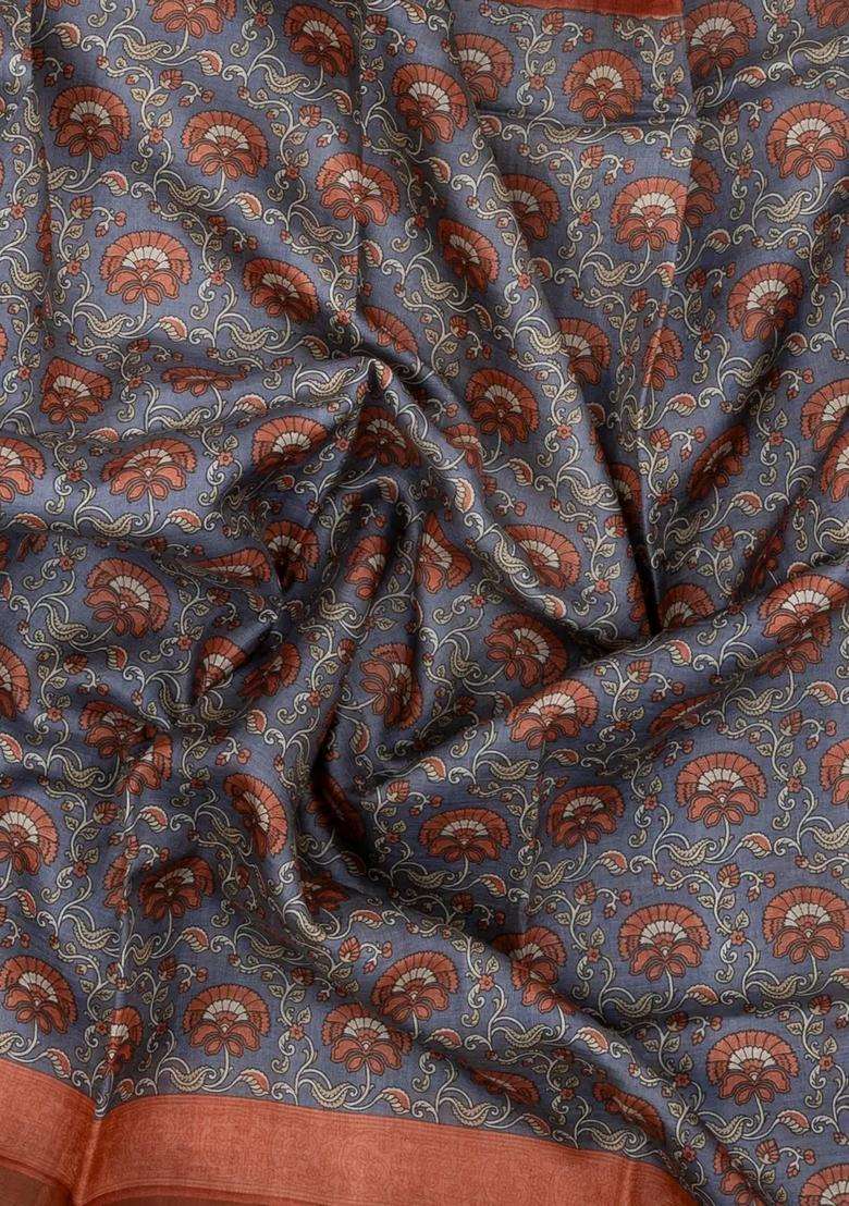 Grey Woven Tussar Silk Saree With Printed Floral Motifs For Women - Indya