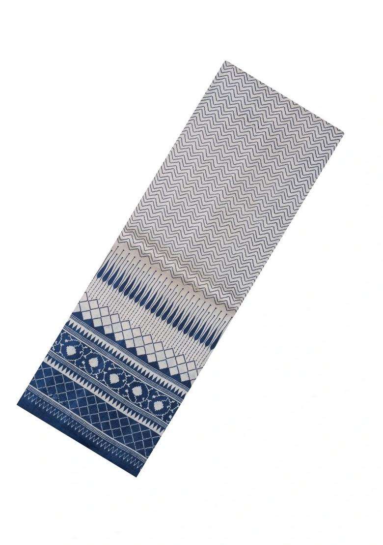 White Woven Tussar Silk Saree With Printed Chevron Motifs For Women - Indya