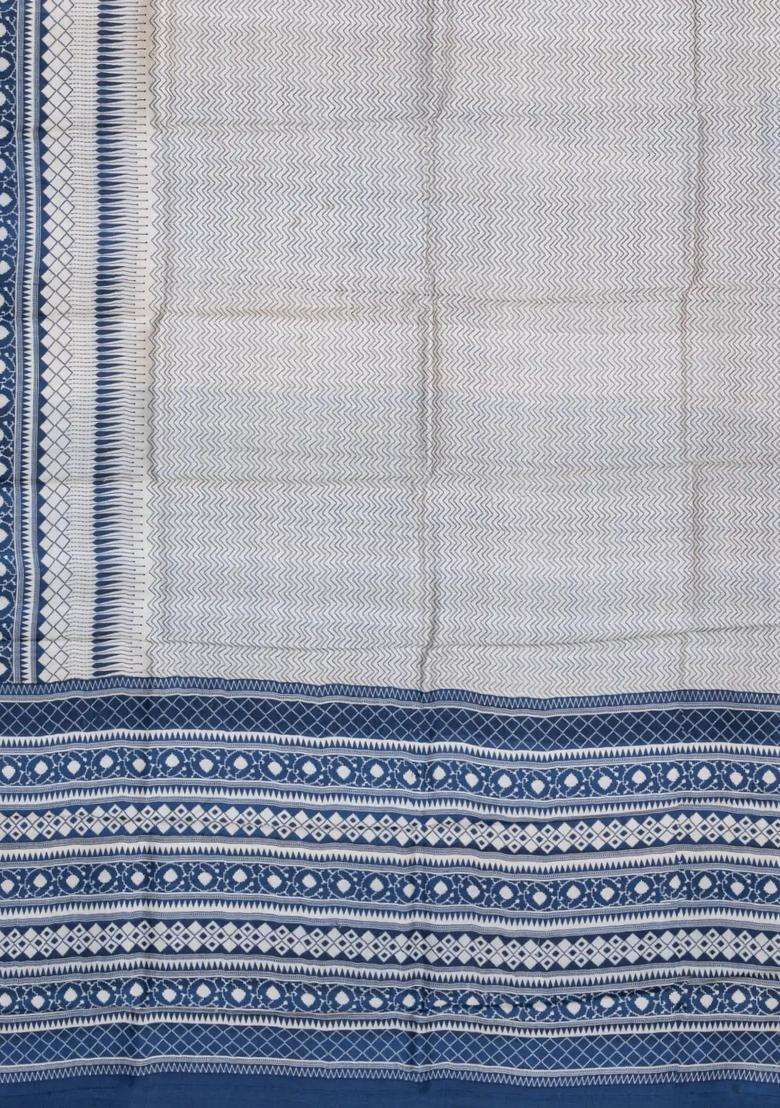 White Woven Tussar Silk Saree With Printed Chevron Motifs For Women - Indya