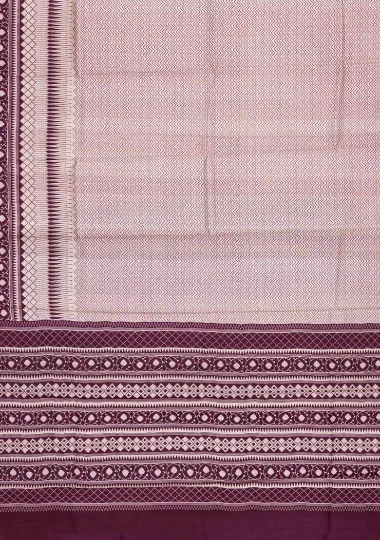 Light Peach Woven Tussar Silk Saree With Printed Chevron Motifs For Women - Indya