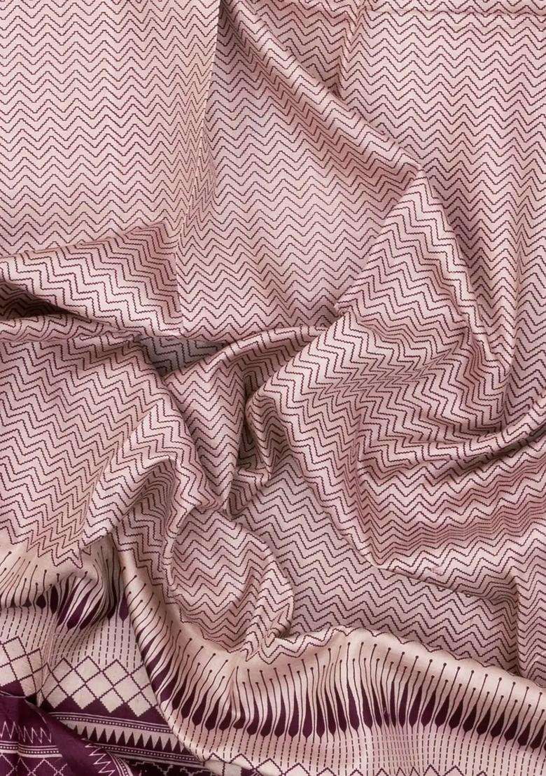 Light Peach Woven Tussar Silk Saree With Printed Chevron Motifs For Women - Indya