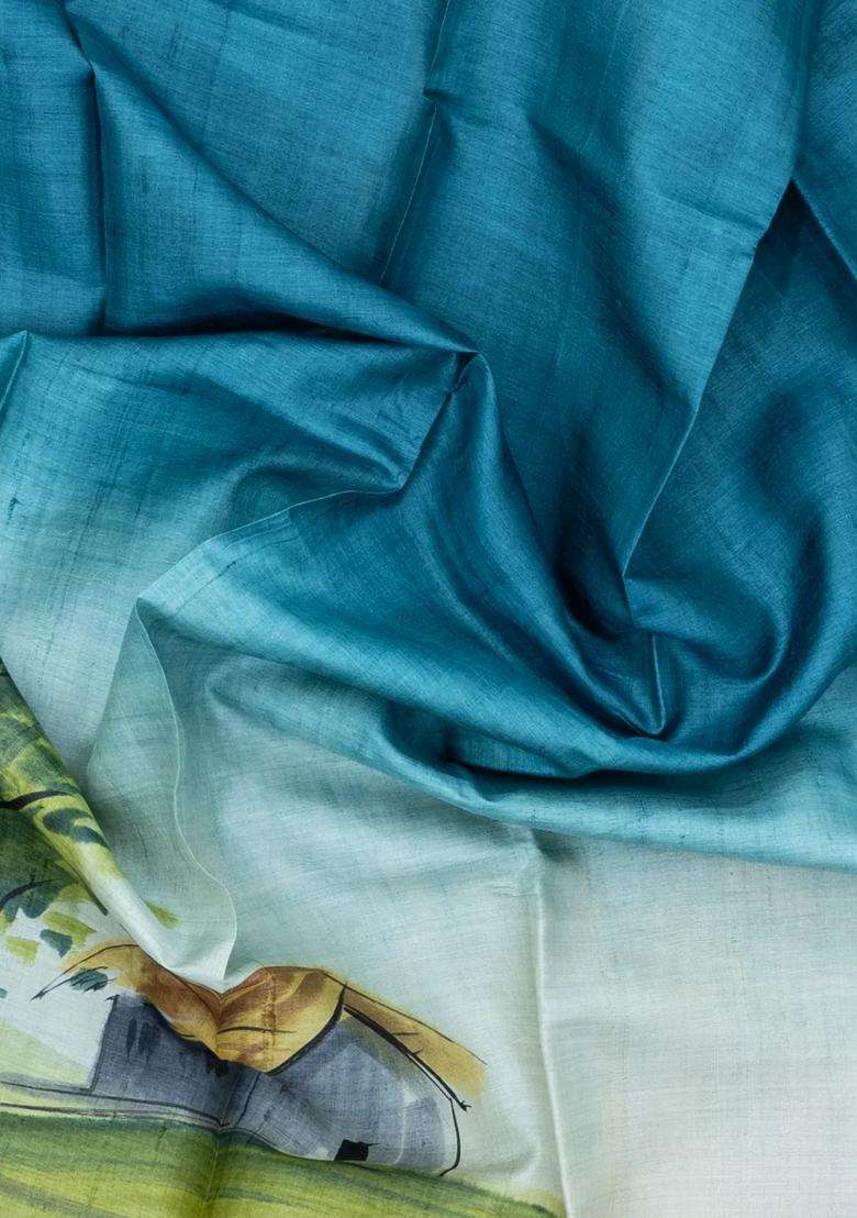 Cyan Woven Tussar Silk Saree With Printed Landscape Motifs For Women - Indya