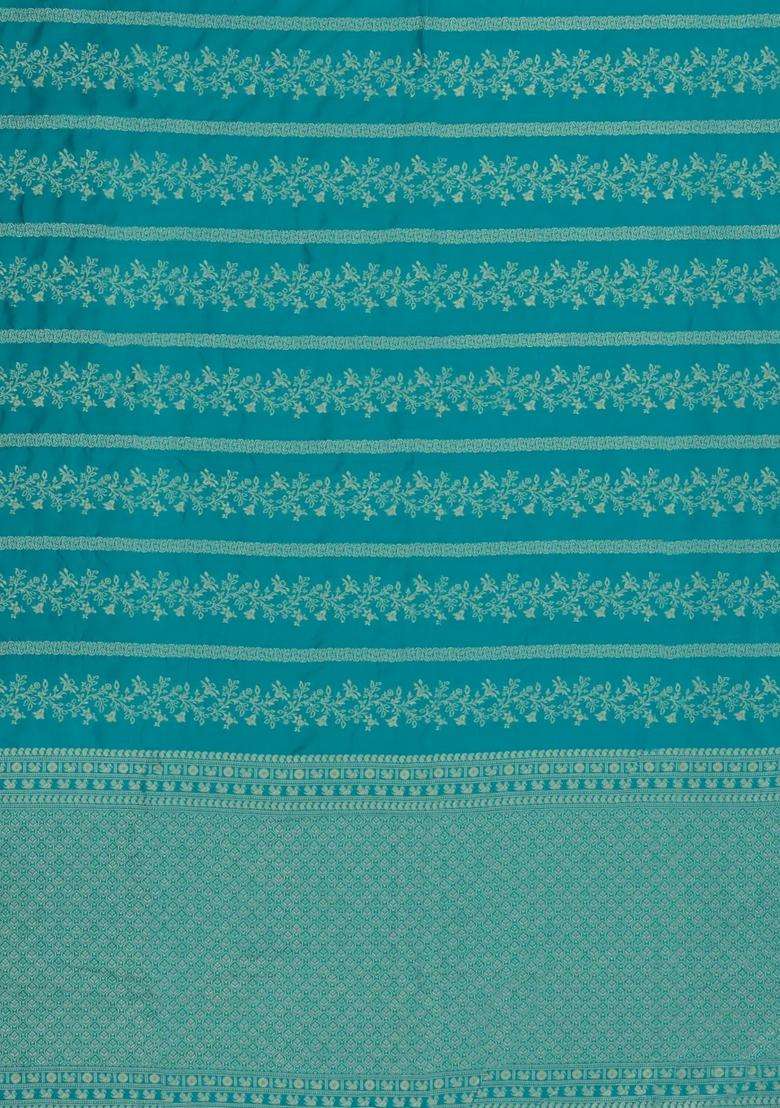 Turquoise Woven Synthetic Dupion Art Silk Saree With Floral Vine Motifs With Buttas And Brocade Design For Women - Indya