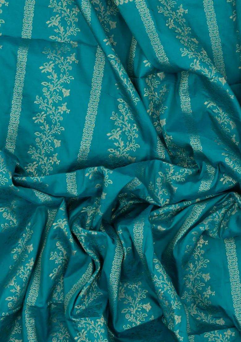 Turquoise Woven Synthetic Dupion Art Silk Saree With Floral Vine Motifs With Buttas And Brocade Design For Women - Indya