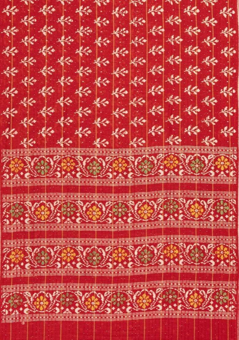 Red Printed Synthetic Dola Silk Saree With Zari Border For Women - Indya
