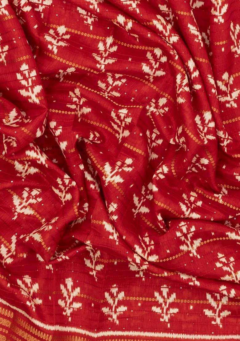 Red Printed Synthetic Dola Silk Saree With Zari Border For Women - Indya
