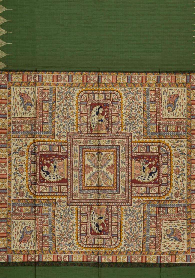 Green Printed Art Dupion Art Silk Saree With Madhubani Pallu For Women - Indya