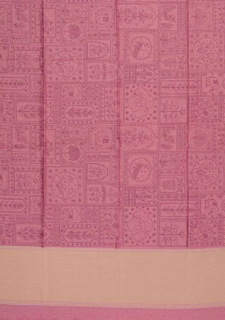 Peach Printed Art Dupion Art Silk Saree With Contrast Border For Women - Indya