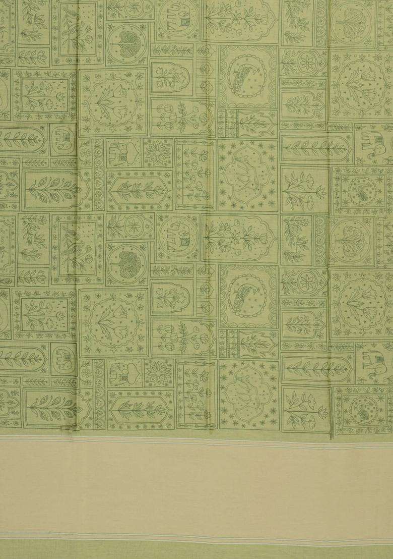 Lime Green Printed Art Dupion Art Silk Saree With Contrast Border For Women - Indya