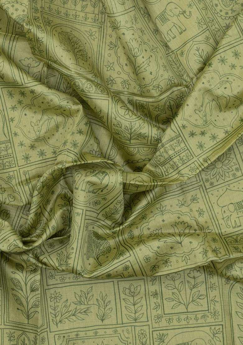 Lime Green Printed Art Dupion Art Silk Saree With Contrast Border For Women - Indya