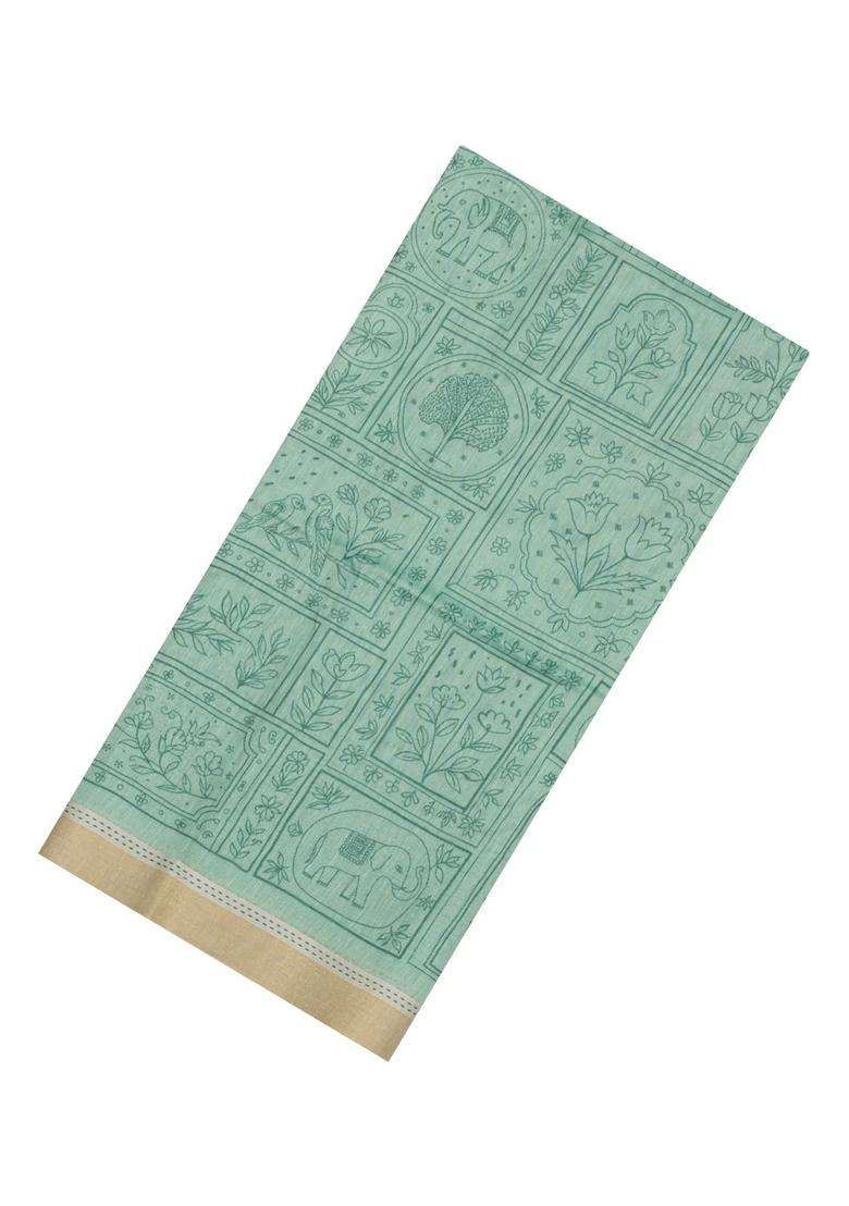 Aquamarine Printed Art Dupion Art Silk Saree With Contrast Border For Women - Indya