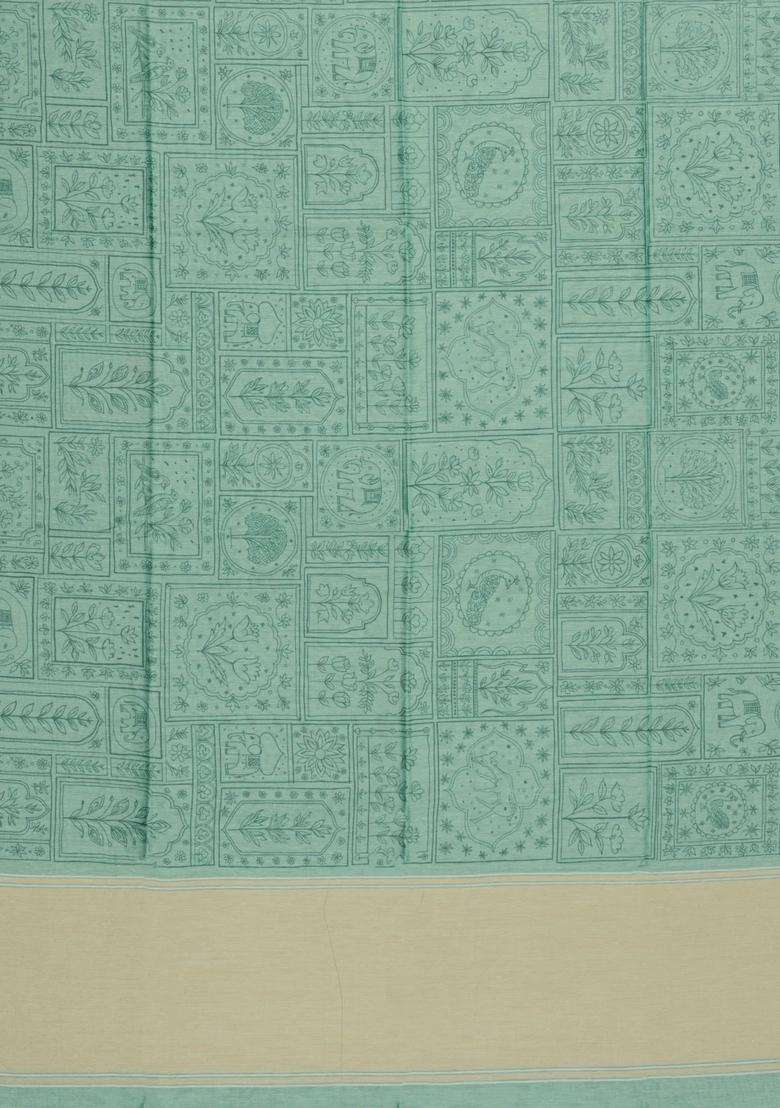 Aquamarine Printed Art Dupion Art Silk Saree With Contrast Border For Women - Indya