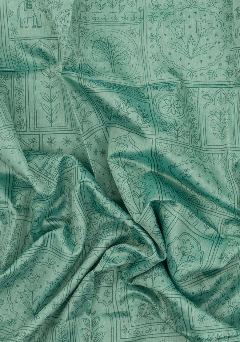 Aquamarine Printed Art Dupion Art Silk Saree With Contrast Border For Women - Indya