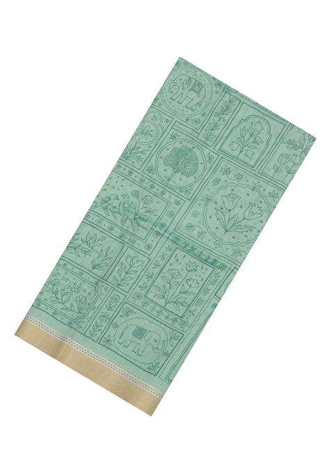 Aquamarine Printed Art Dupion Art Silk Saree With Contrast Border For Women