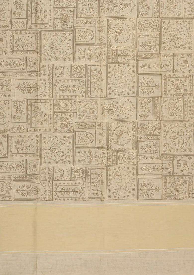 Beige Printed Art Dupion Art Silk Saree With Contrast Border For Women - Indya