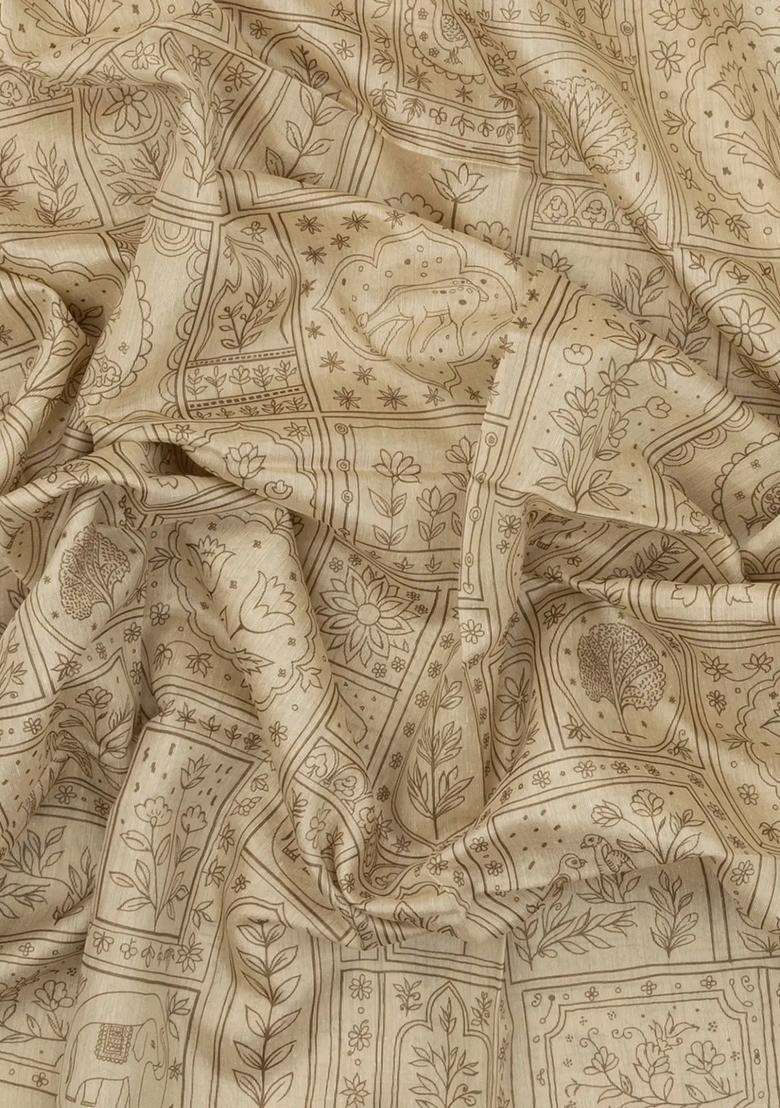 Beige Printed Art Dupion Art Silk Saree With Contrast Border For Women - Indya