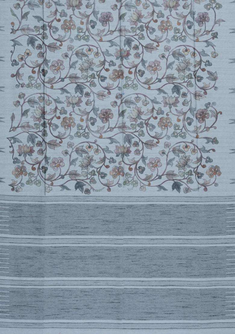 Grey Printed Art Dupion Art Silk Saree With Printed Temple Border For Women - Indya