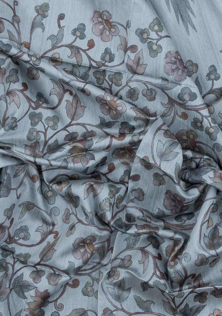 Grey Printed Art Dupion Art Silk Saree With Printed Temple Border For Women - Indya