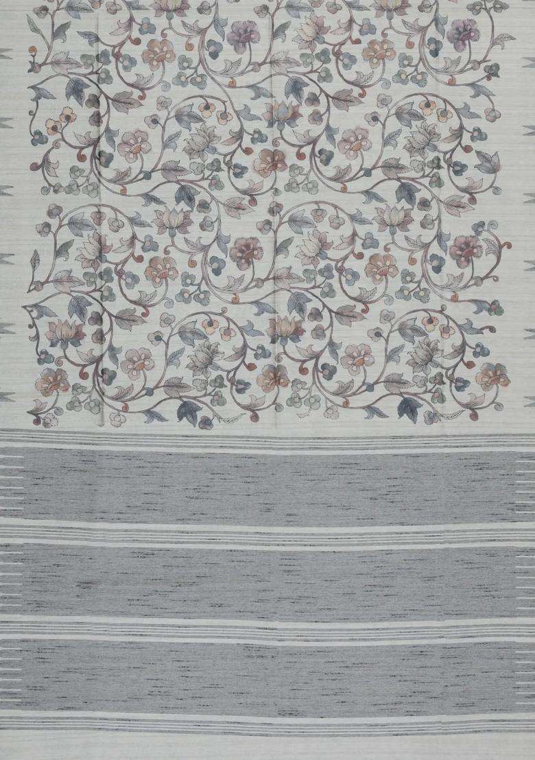 Off White Printed Art Dupion Art Silk Saree With Printed Temple Border For Women - Indya