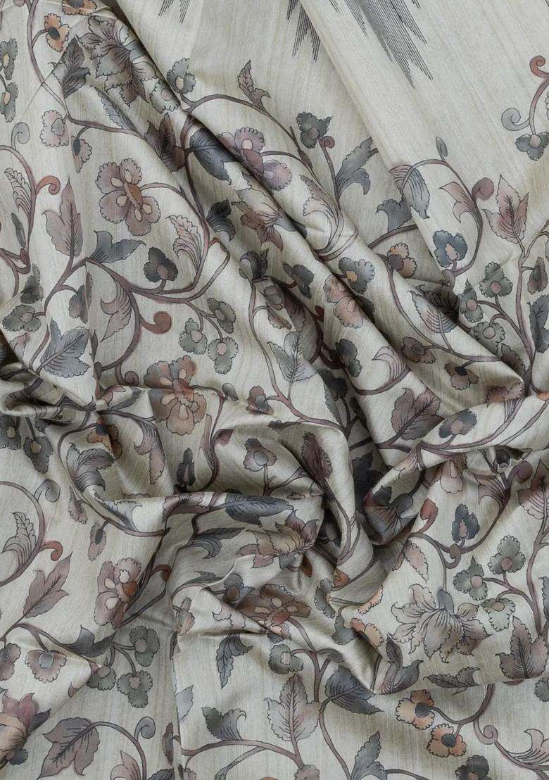 Off White Printed Art Dupion Art Silk Saree With Printed Temple Border For Women - Indya