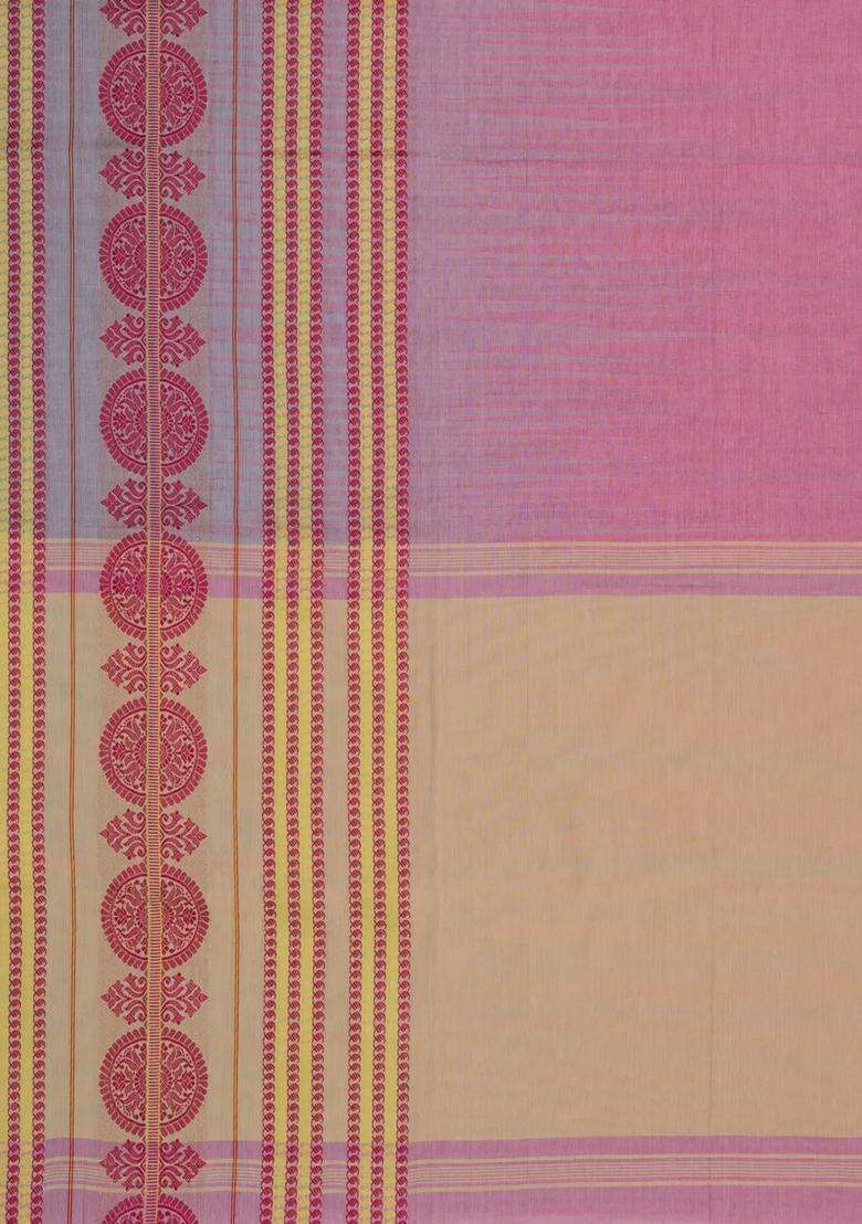 Dusty Pink Handloom Bengal Cotton Saree With Floral Border With Traditional Woven Design For Women - Indya
