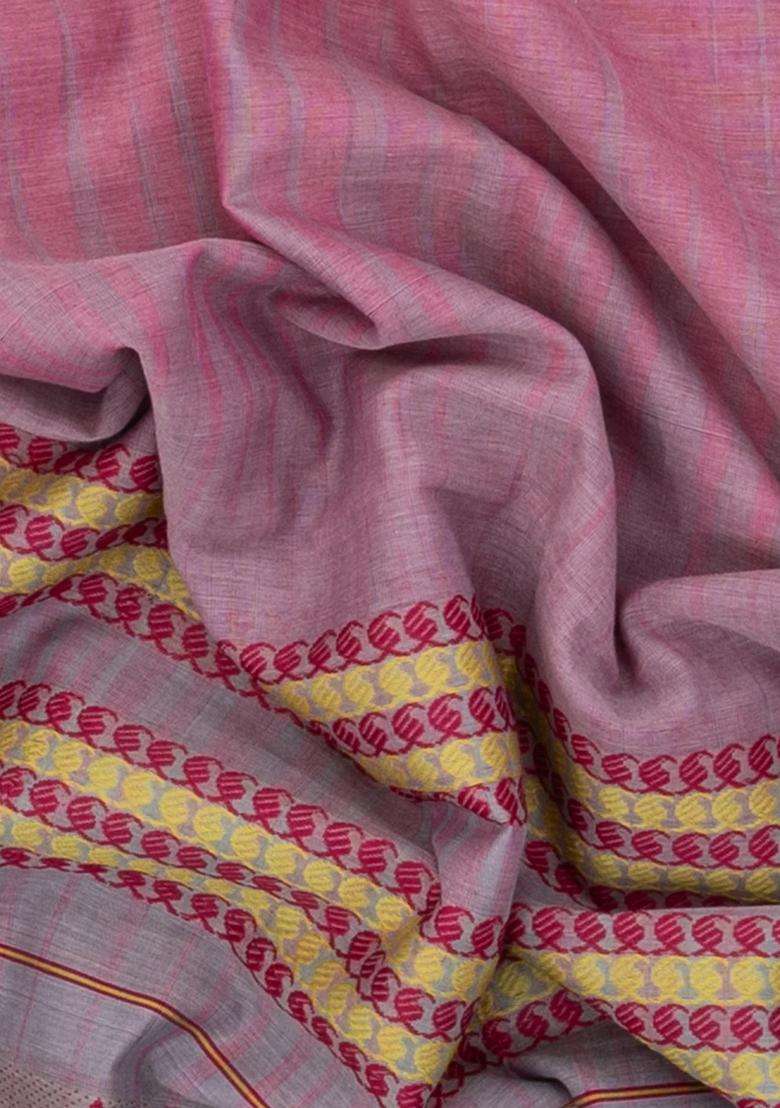 Dusty Pink Handloom Bengal Cotton Saree With Floral Border With Traditional Woven Design For Women - Indya