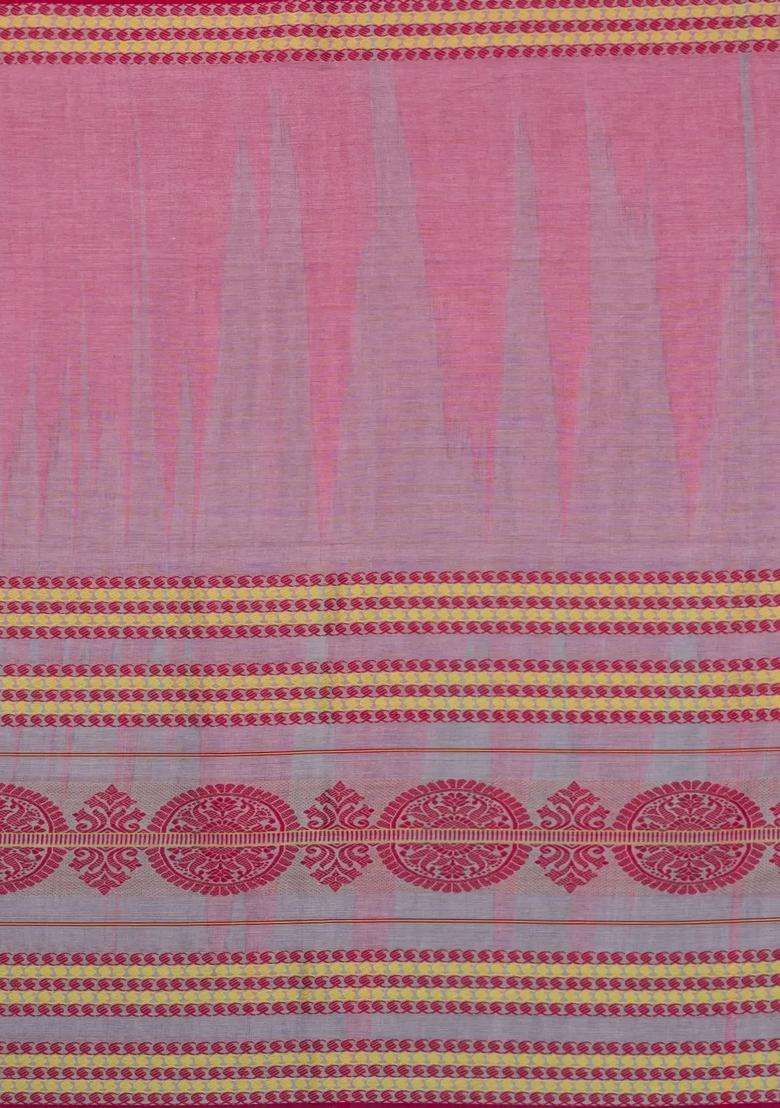 Dusty Pink Handloom Bengal Cotton Saree With Floral Border With Traditional Woven Design For Women - Indya