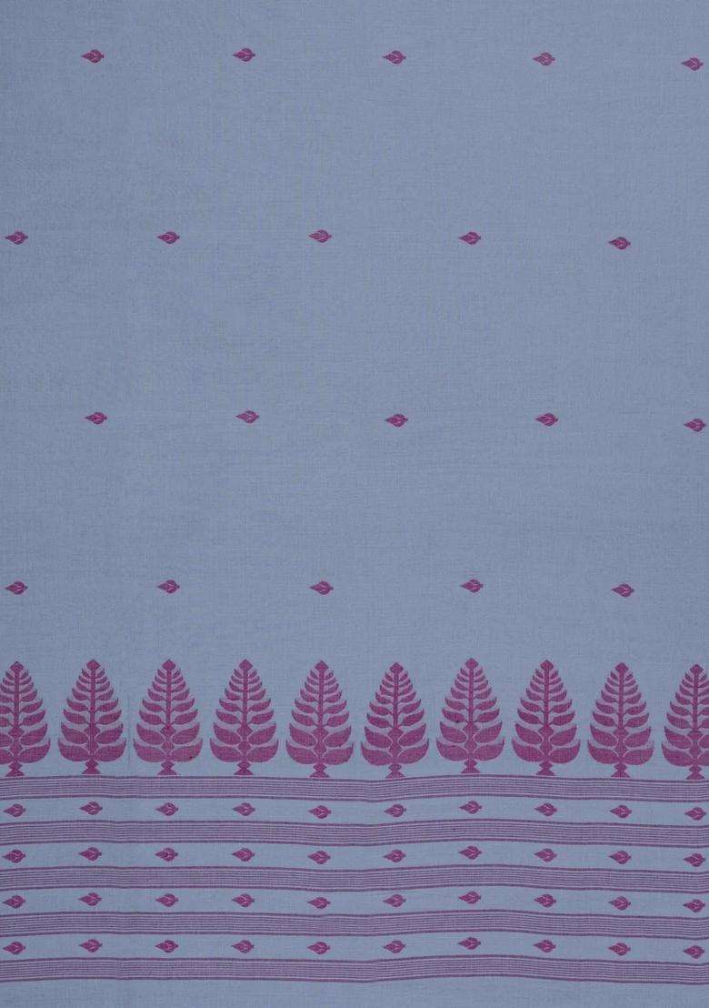 Grey Handloom Bengal Cotton Saree With Floral Buttas With Buttas And Brocade Design For Women - Indya